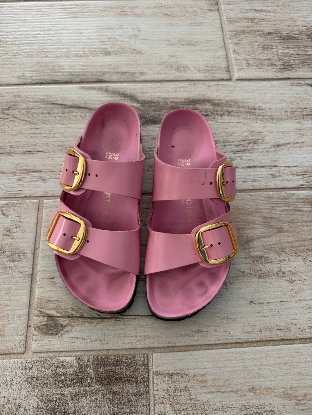 Birkenstock Pink Arizona Double-Buckle Sandals with Gold Buckles